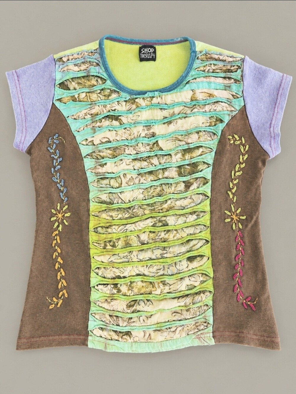 Shop Therapy Y2K Baby Tee M/L Razor Cut Floral Embroidered Boho Nepal